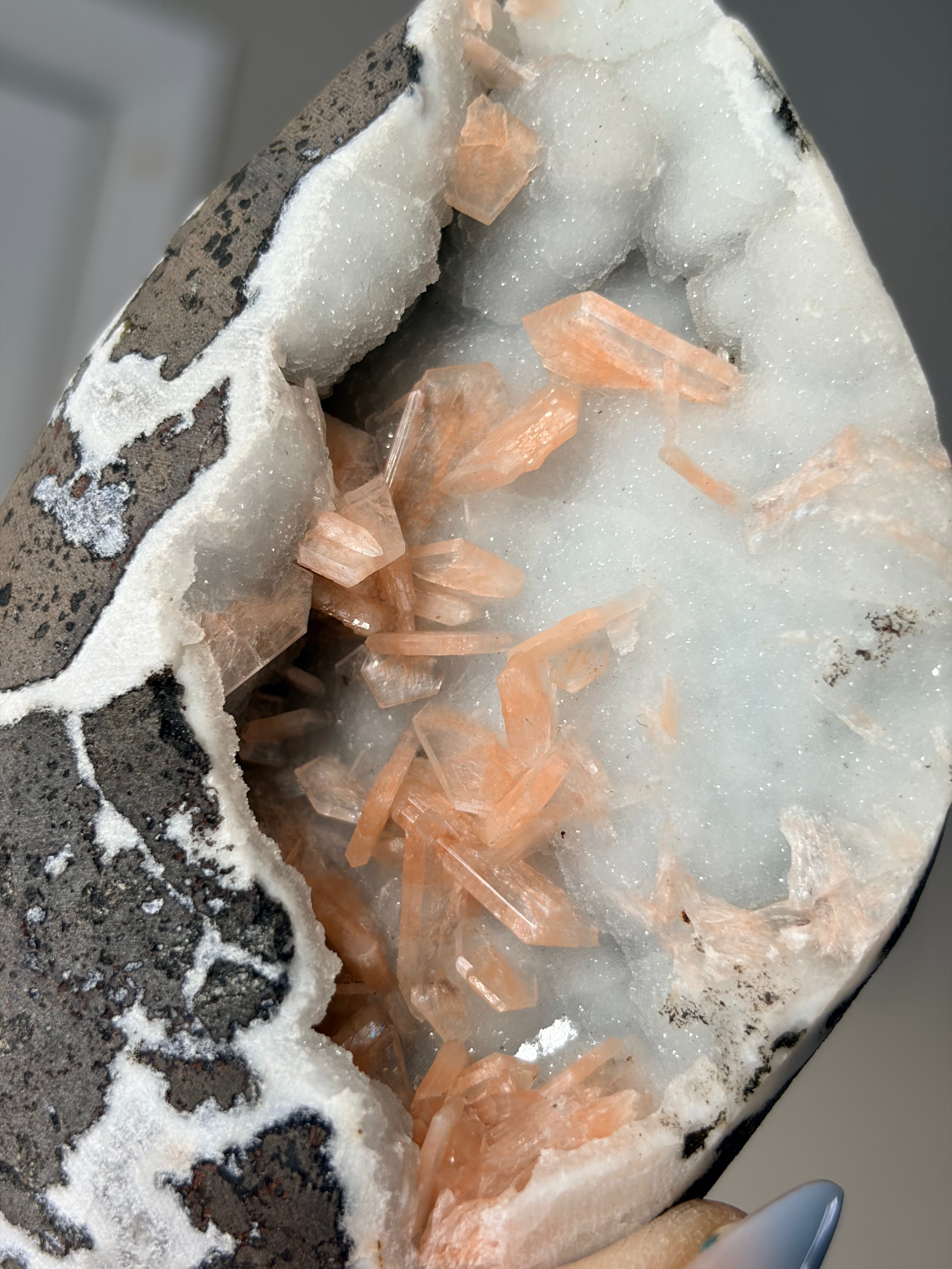 Peach Stilbite on Blue Chalcedony