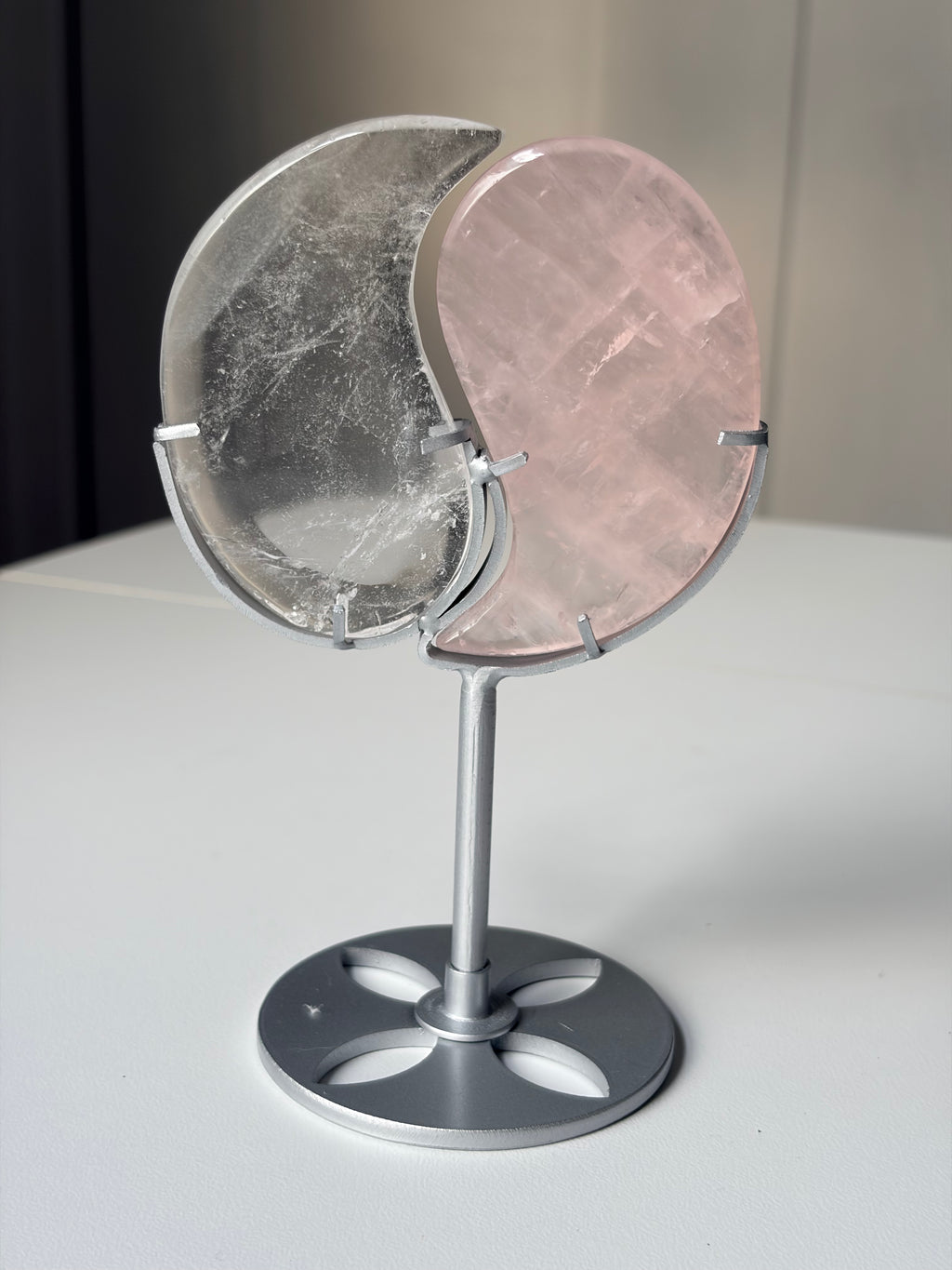 Clear Quartz & Rose Quartz Yin Yang on Silver Stand