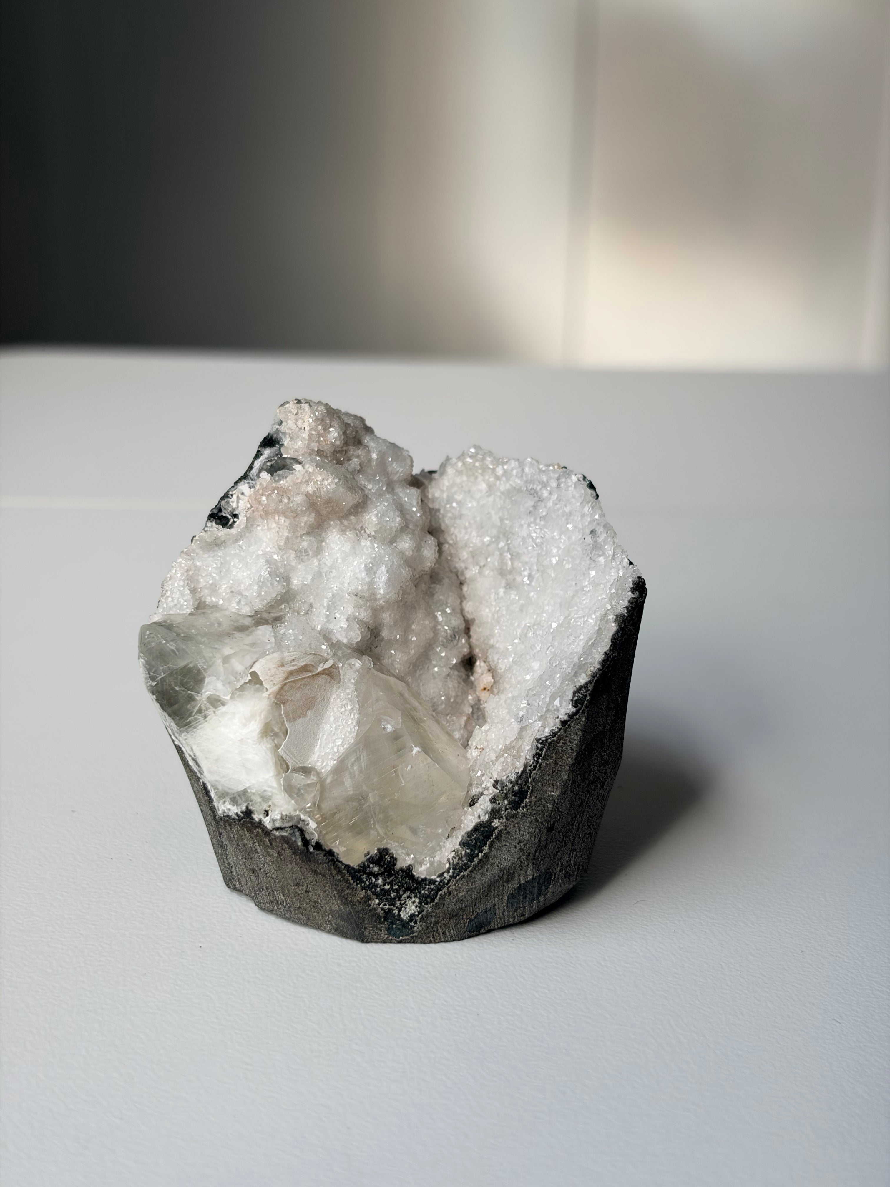 Crystallized Apophyllite on Chalcedony with Calcite Freeform