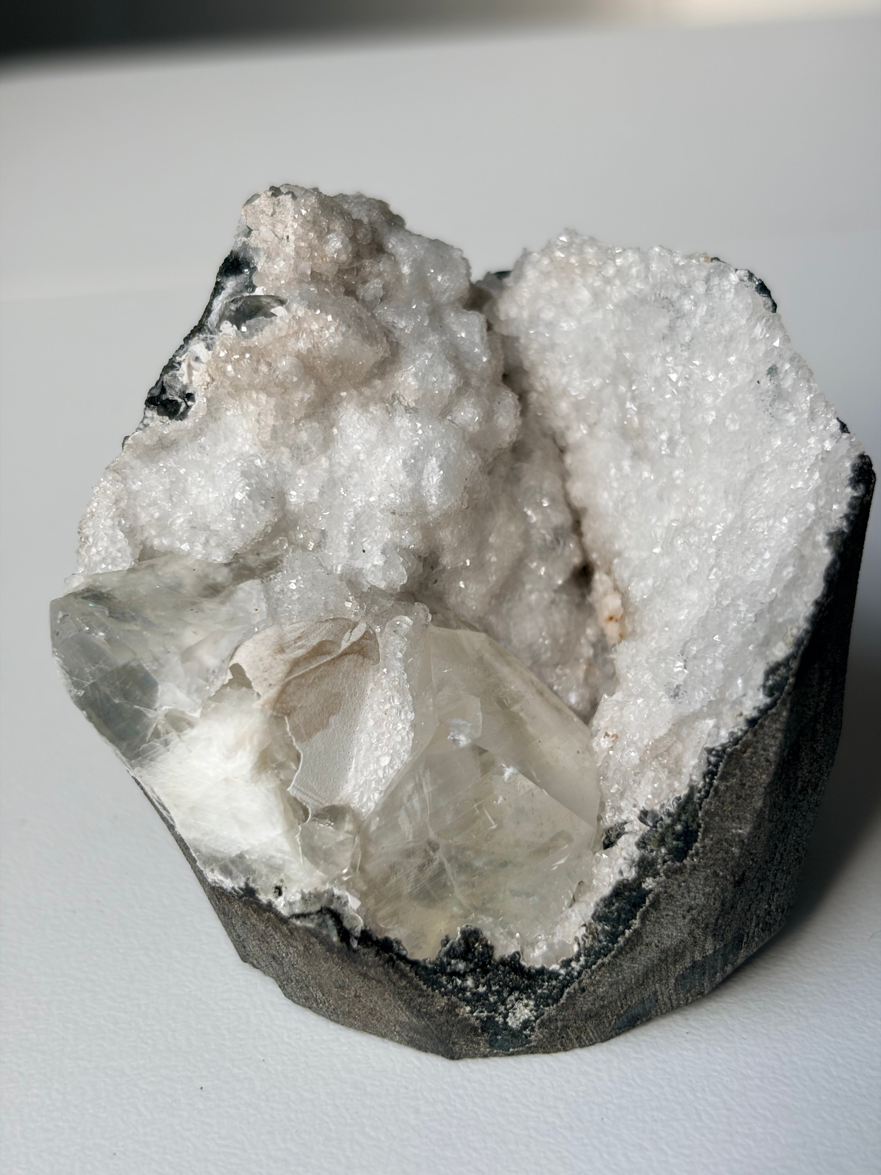 Crystallized Apophyllite on Chalcedony with Calcite Freeform