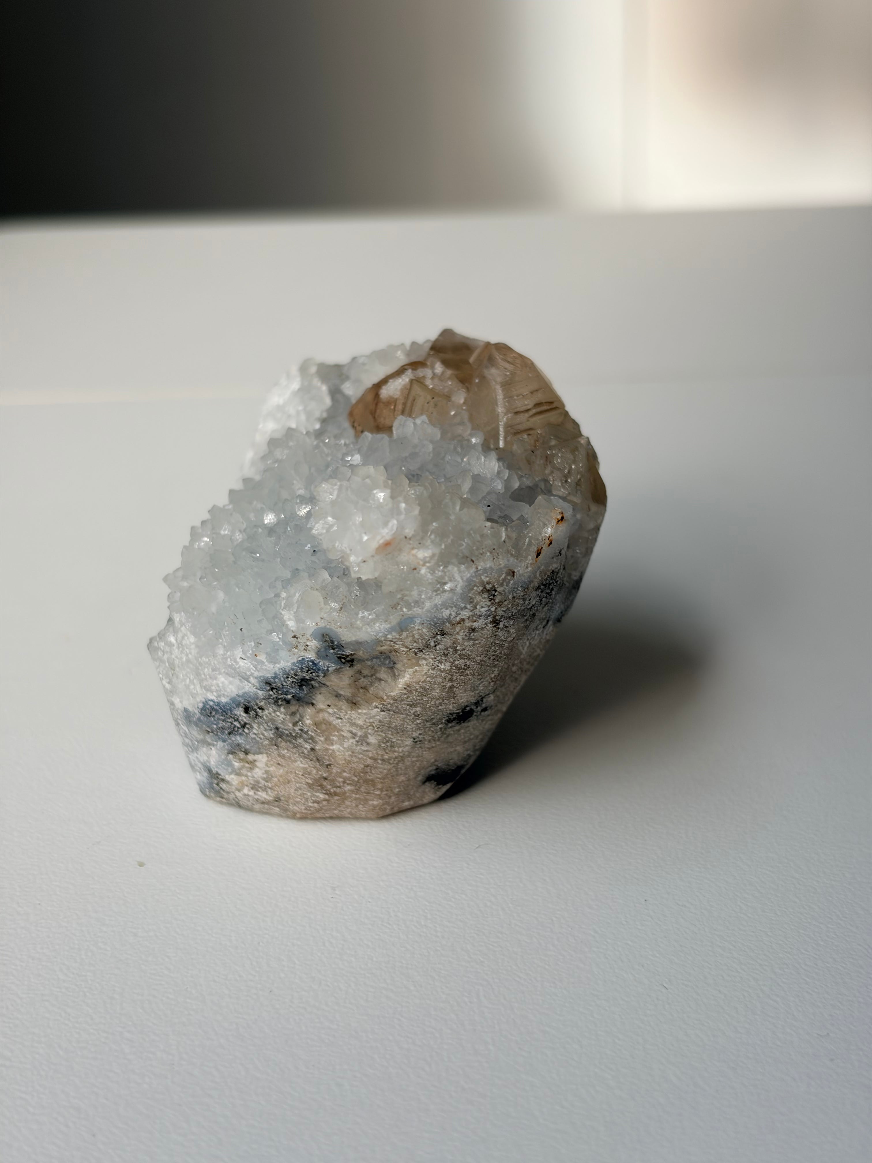 Crystallized Apophyllite on Chalcedony with Calcite Freeform