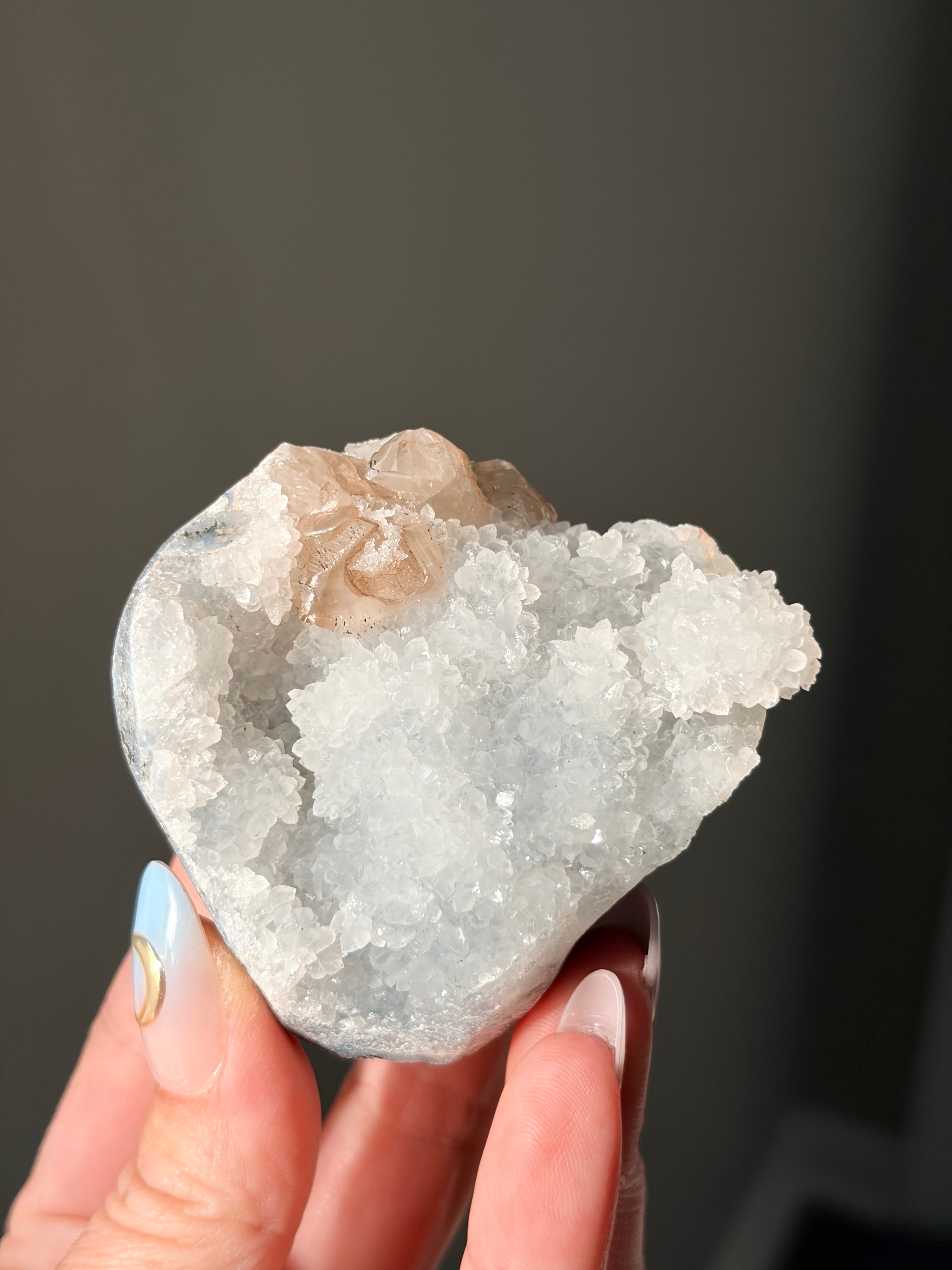 Crystallized Apophyllite on Chalcedony with Calcite Freeform