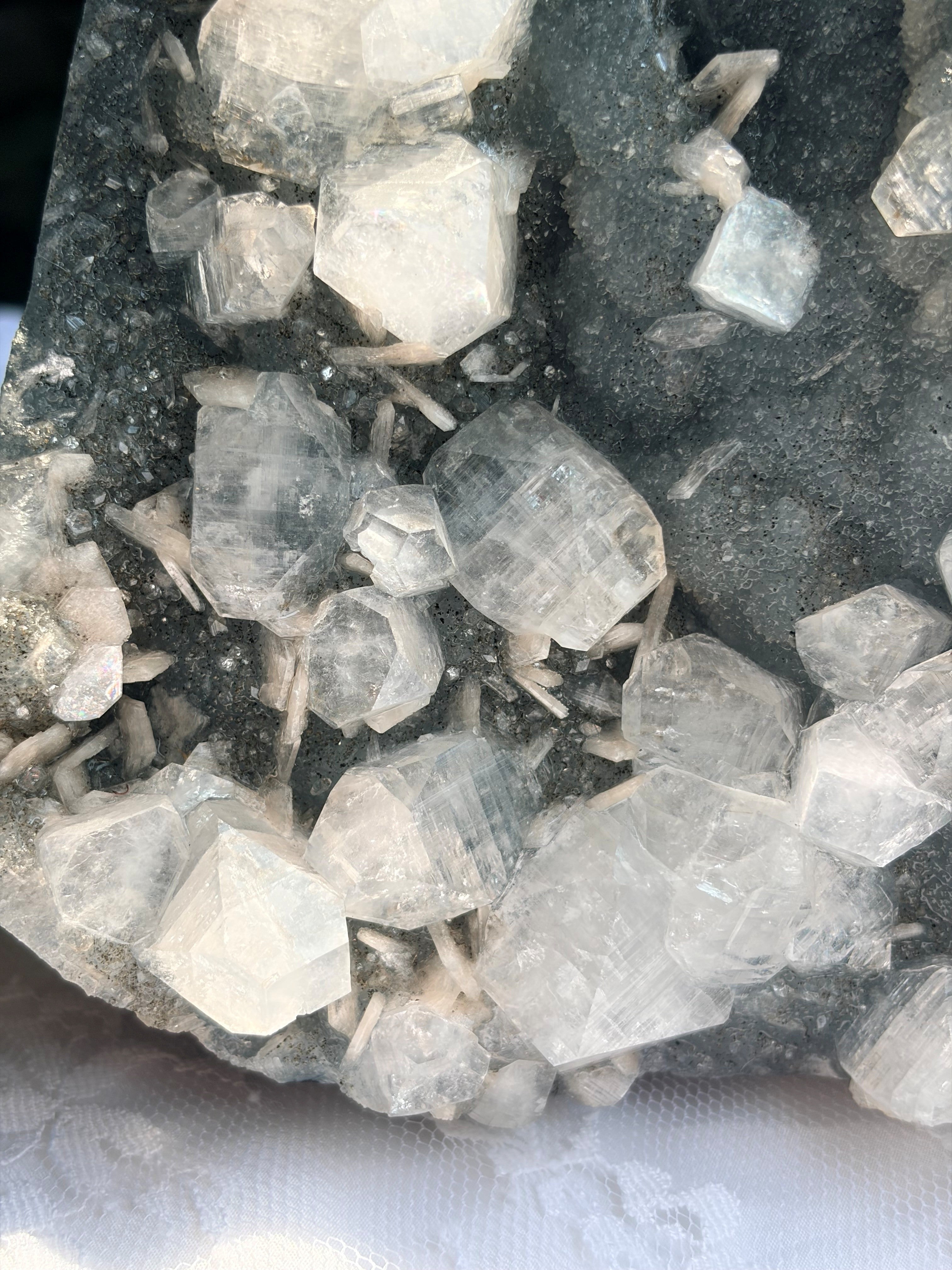 Large Raw Apophyllite & Stilbite on Druzy Chalcedony