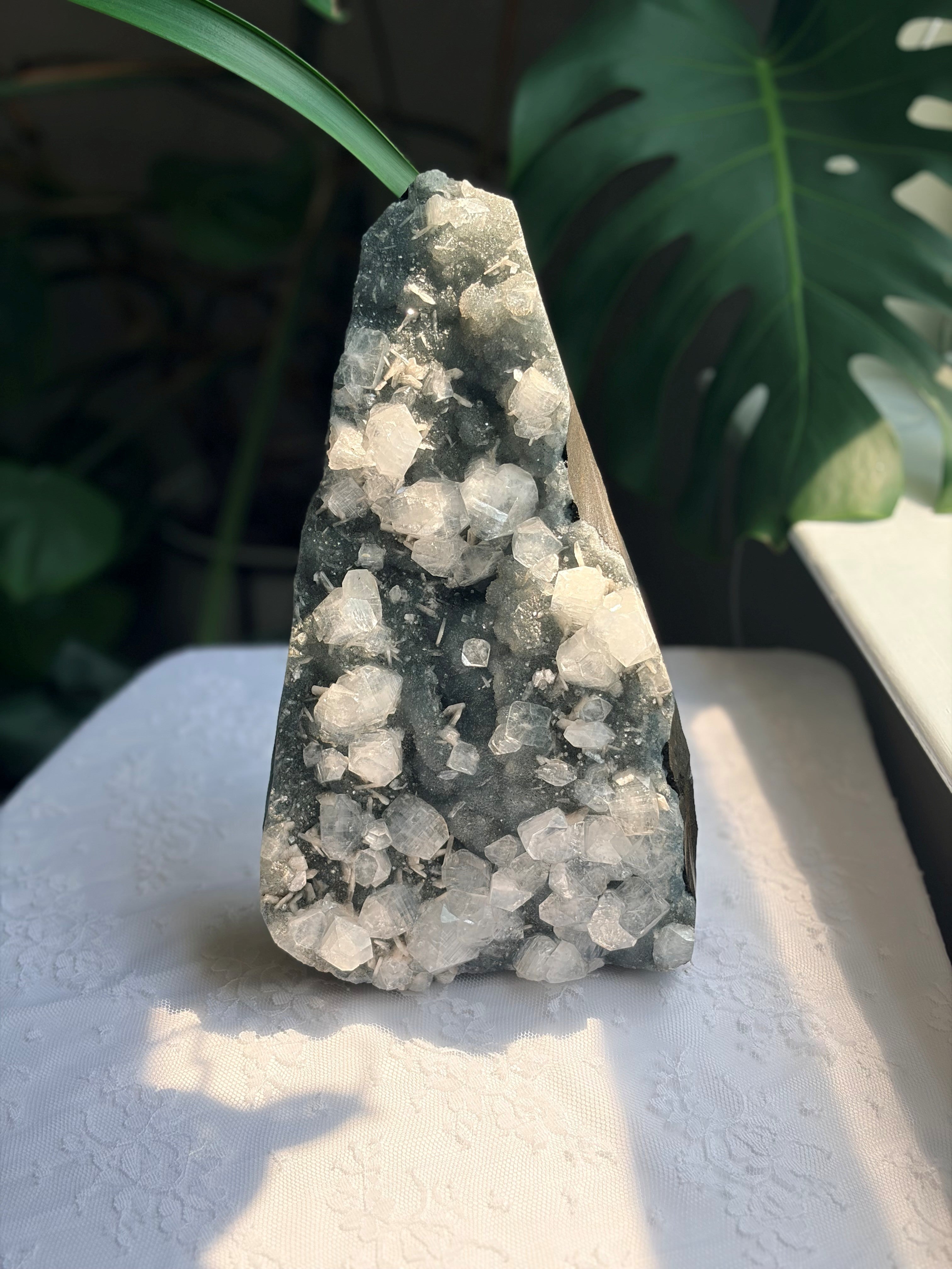 Large Raw Apophyllite & Stilbite on Druzy Chalcedony