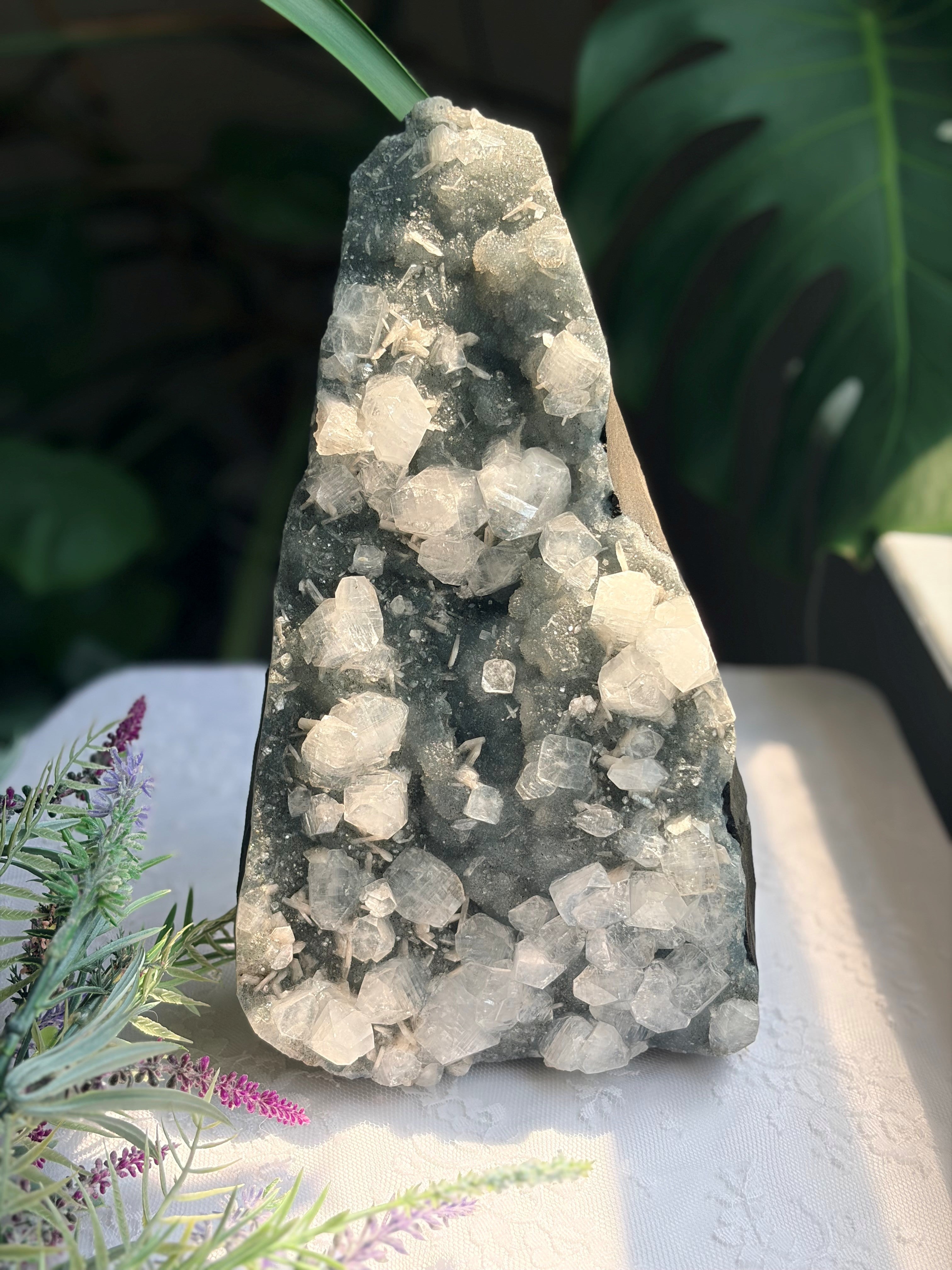 Large Raw Apophyllite & Stilbite on Druzy Chalcedony