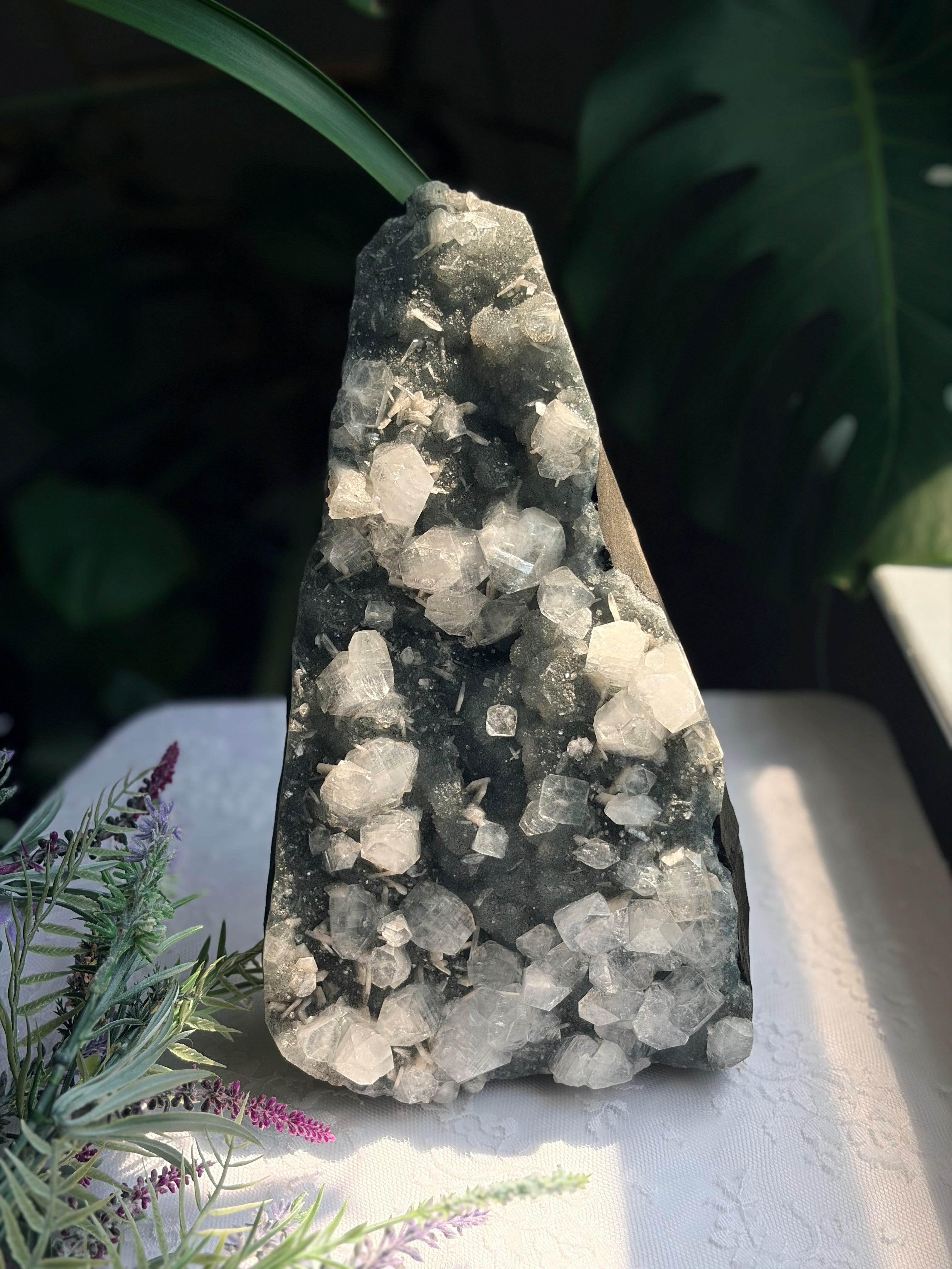 Large Raw Apophyllite & Stilbite on Druzy Chalcedony