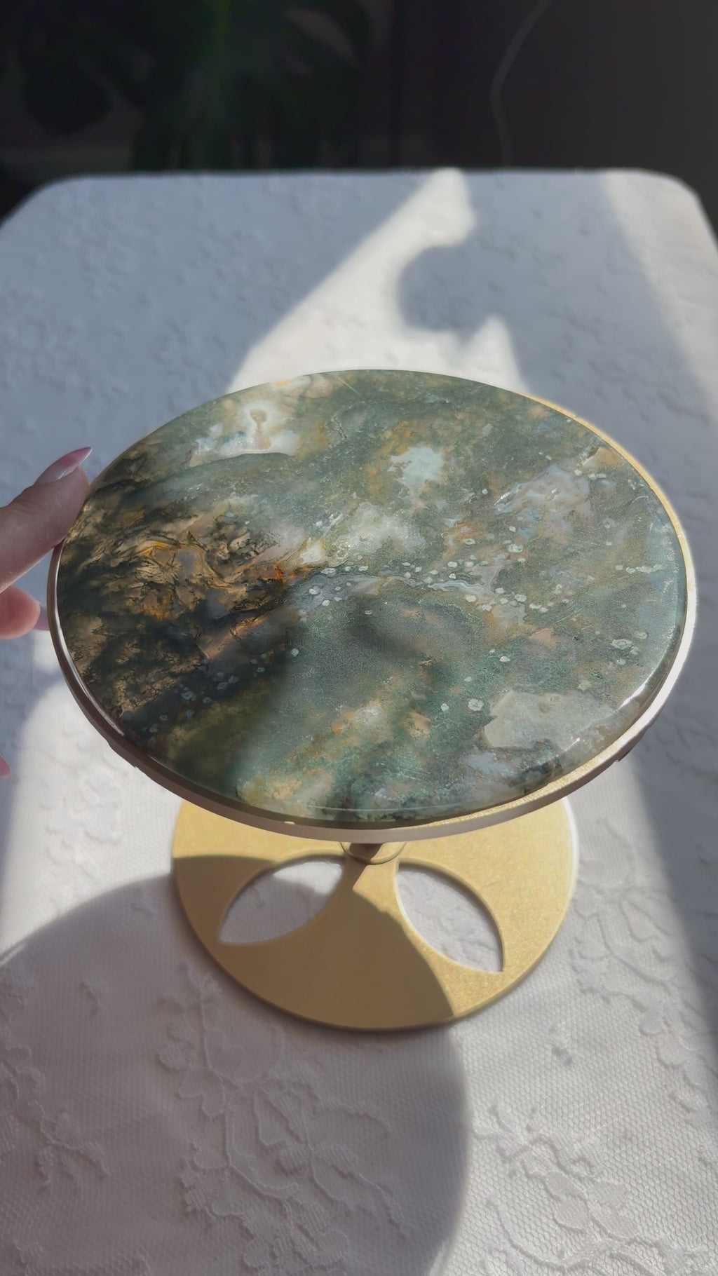 Rotating Moss Agate Display Table on Gold Stand